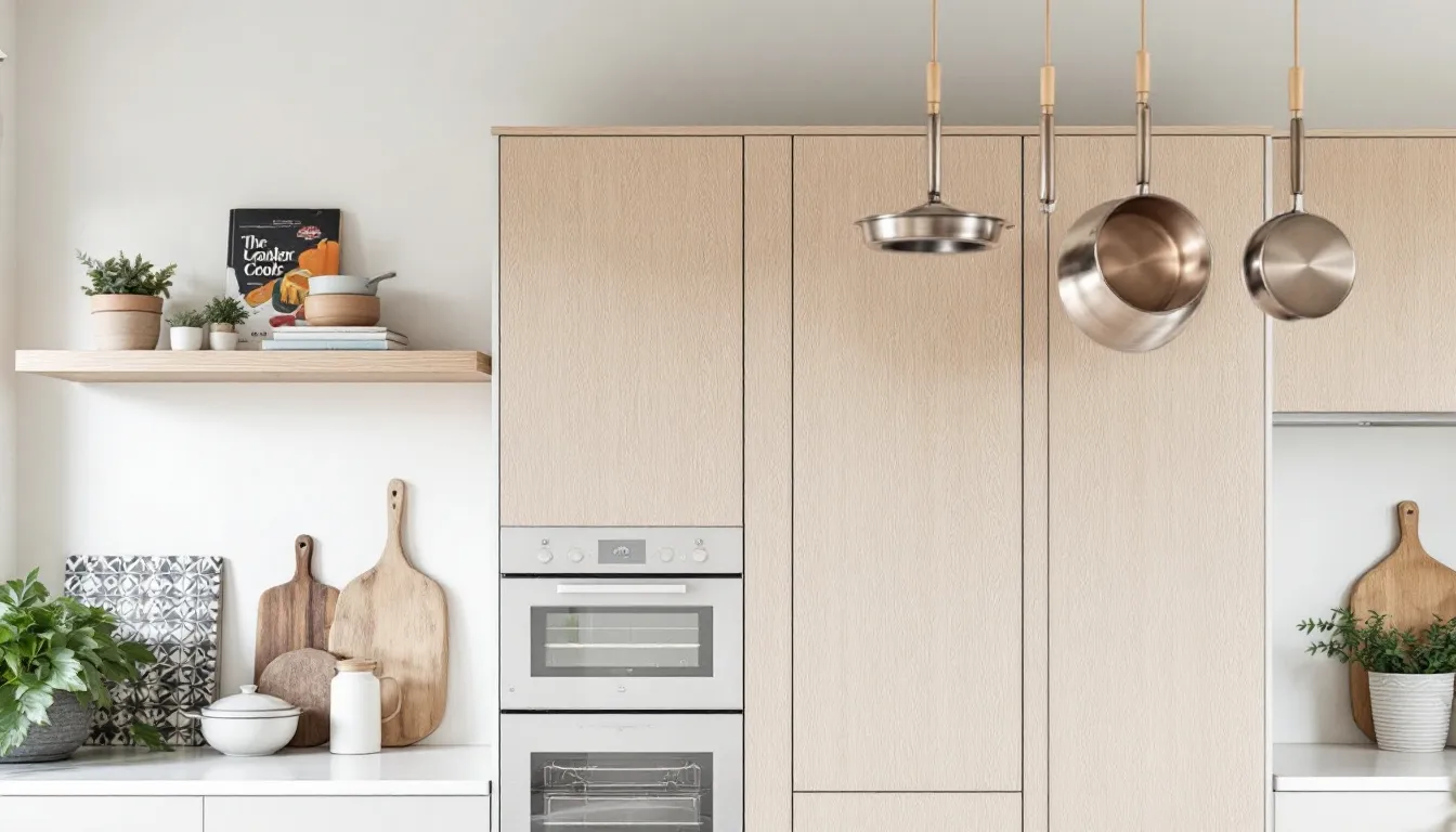 An organized kitchen showcasing vertical storage solutions that save space. Narrow Kitchen Design