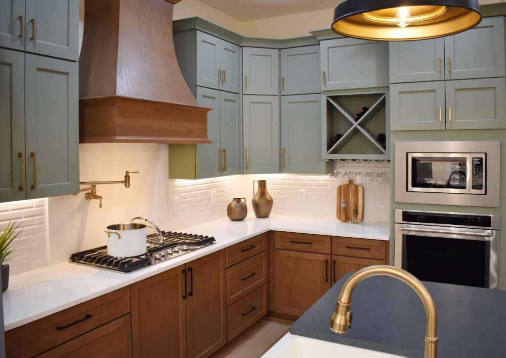 A spacious kitchen with vaulted ceilings and skylights, enhancing natural light.